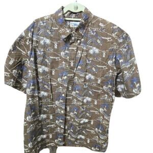 Reyn Spooner Hawaiian Shirt XXL Made in Hawaii Brown Blue Reverse Print